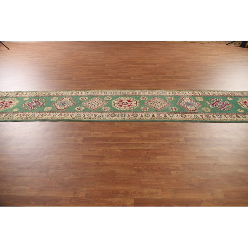 Green Kazak Runner Rug Hand-Knotted Geometric Wool Carpet - 2'7" x 16'2"