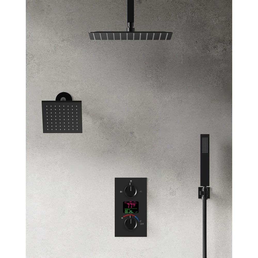 GRANDJOY Digital Display Shower System, 12" High Pressure Dual Shower Heads with Handheld Spray