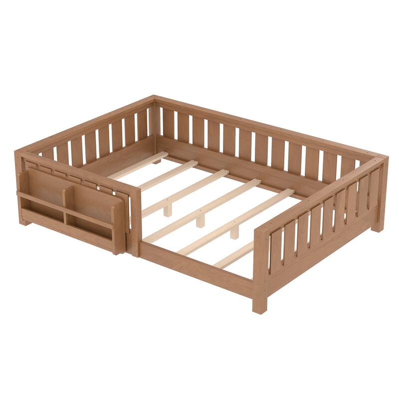 Montessori Floor Bed Low Profile Kids Bed with Rails & Bookshelf