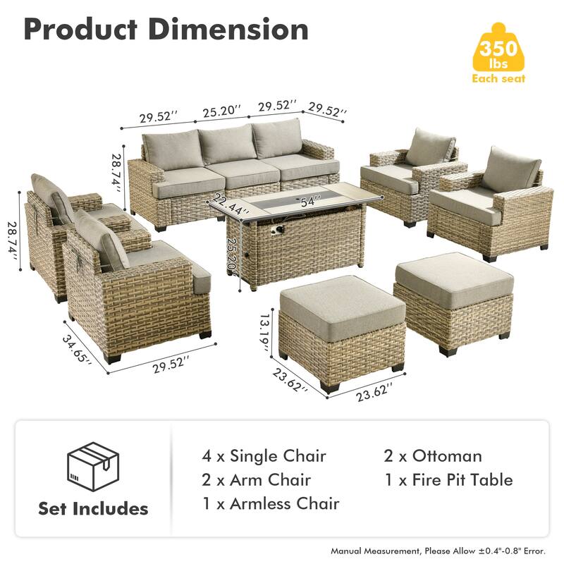 HOOOWOOO 10-piece Outdoor Wicker Wide Arm Patio Furniture Set with Fire Pit