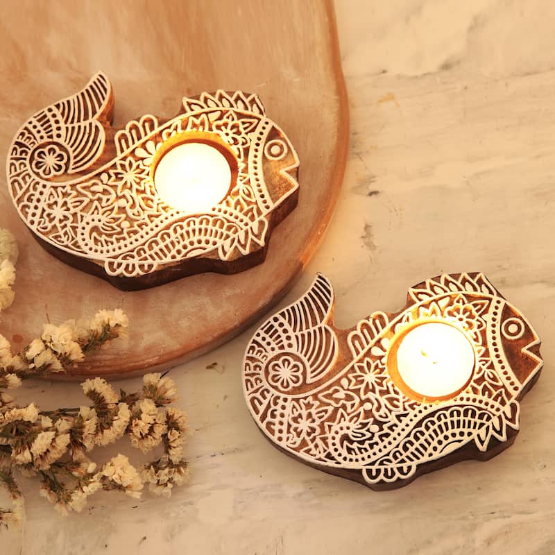Novica Handmade Finned Friends Wood Tealight Candle Holders (Pair)