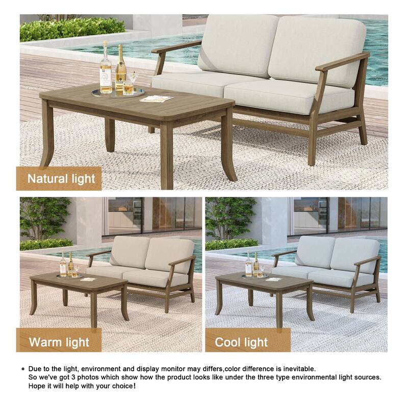 Teak Wood Patio Outdoor Loveseat Sofa and Coffee Table Set