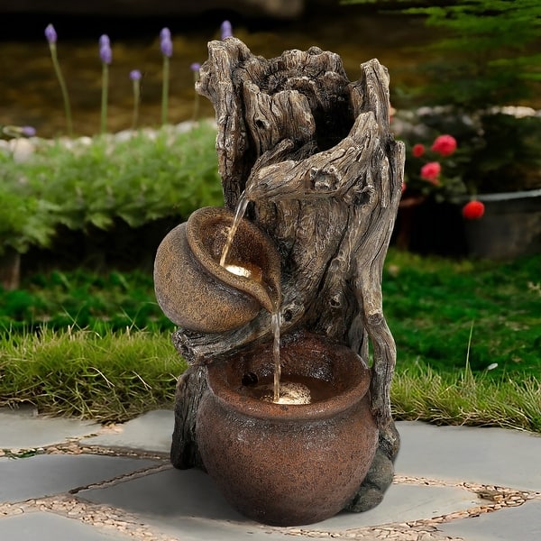 slide 2 of 9, Brown Resin Tree Farmhouse Pots Outdoor Water Fountain with Lights