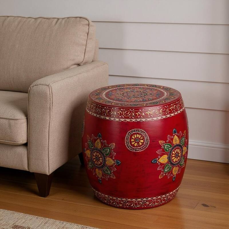 HomeRoots 18" Red Iron Hand Painted Floral Round Drum End Table - 17.00 in. x 18.00 in. x 17.00 in. - Red - Iron