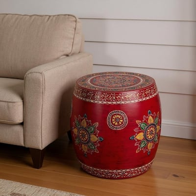 HomeRoots 18" Red Iron Hand Painted Floral Round Drum End Table - 17.00 in. x 18.00 in. x 17.00 in.