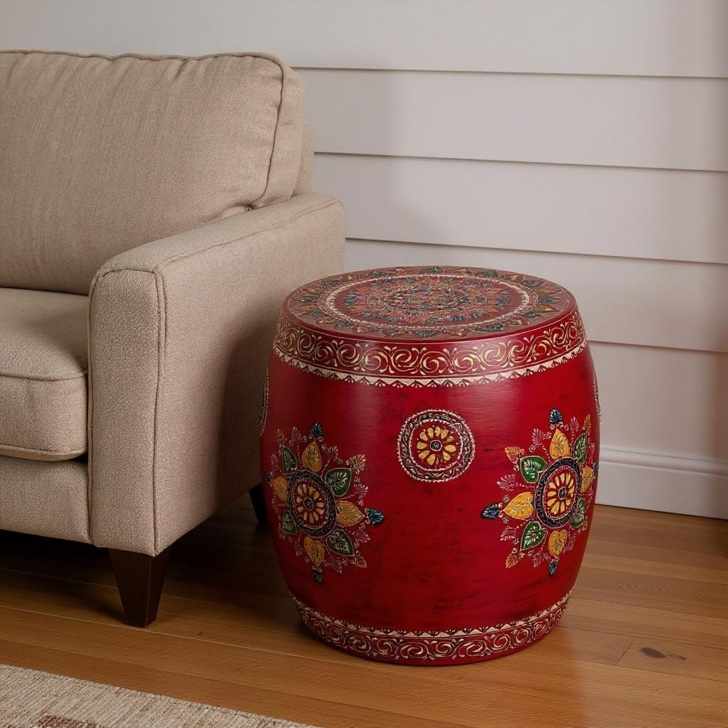 HomeRoots 18" Red Iron Hand Painted Floral Round Drum End Table - 17.00 in. x 18.00 in. x 17.00 in.