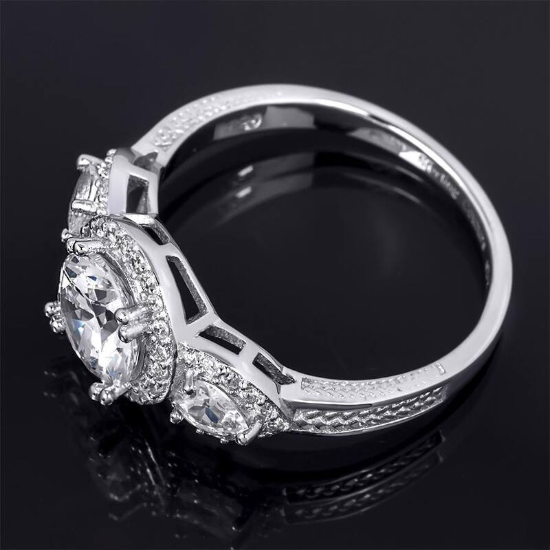 Sterling Silver 2.00 CT 3 Stone Halo Bridal Ring Round Cut Size 5-9