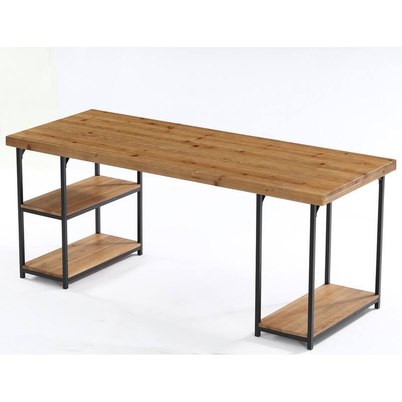 71'' Extra Long Desk with Shelves, Solid Wood Home Office Computer Desk
