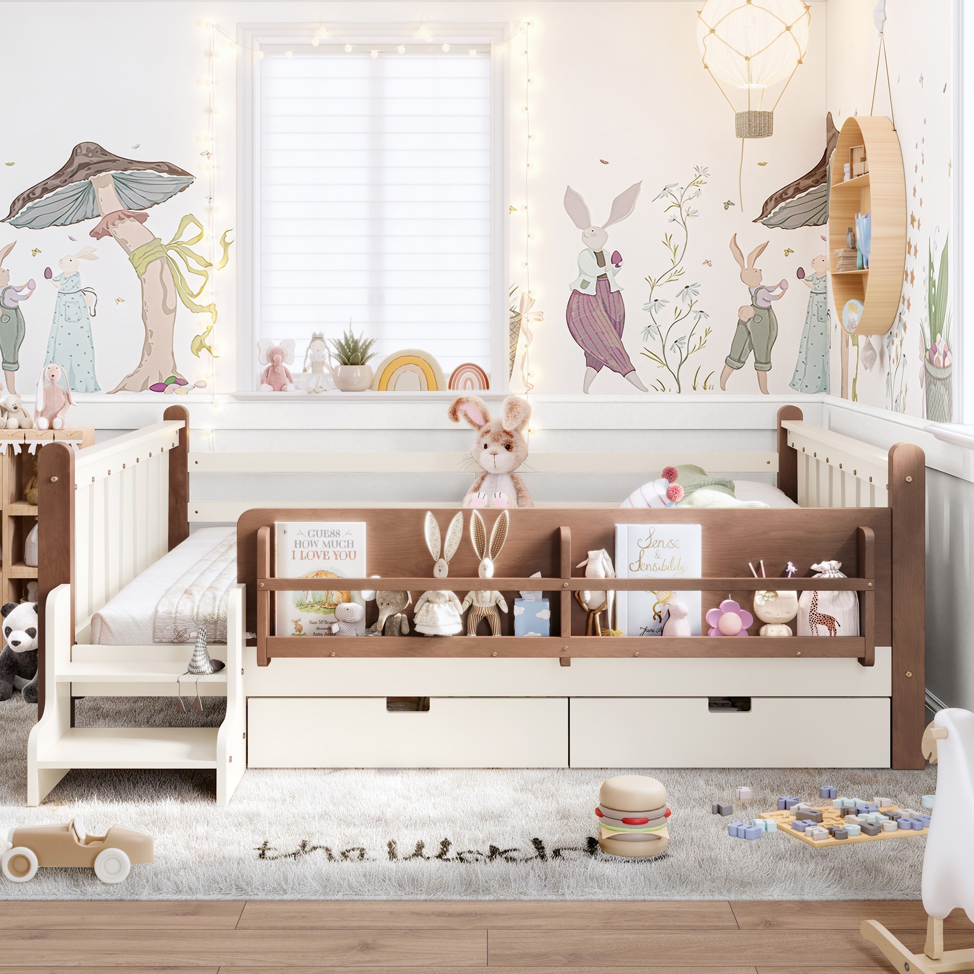 Roomfitters Wood Floor Bed, Storage Bookcase, 2 Units & 2-Step Safety Stairs, Kids Platform Bed Frame