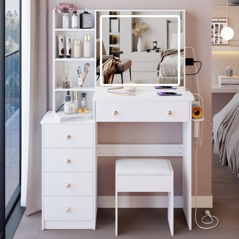 Vanity Table with Control LED Sliding Mirror, Dressing Table Set with USB Power Station, Makeup Stool with Hair Dryer Stand