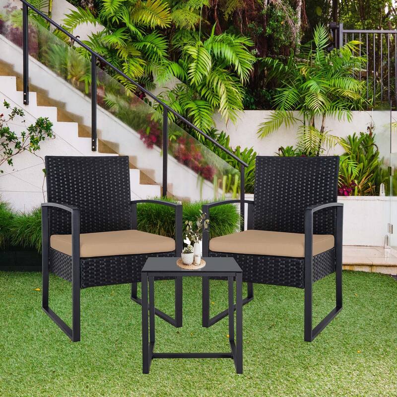 Rattan Wicker Patio Chat Set Outdoor Table and Chairs with Cushions - set of 3 - set of 3 - Black/Brown