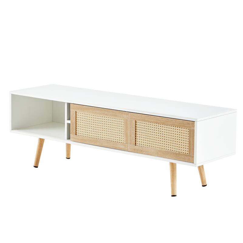 55.12" Rattan TV cabinet, double sliding doors for storage, adjustable shelf, solid wood legs, TV console
