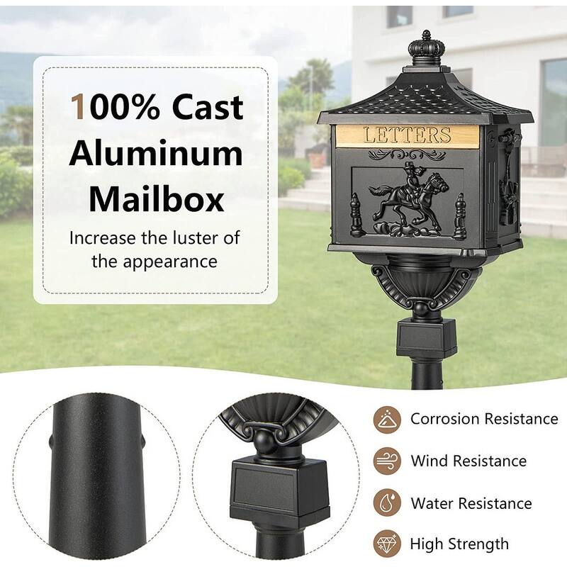 Retro Mid-century Aluminum Cast Mailbox with Post and Keys, Locking Residential Rust-Proof Security Postal Mailboxes