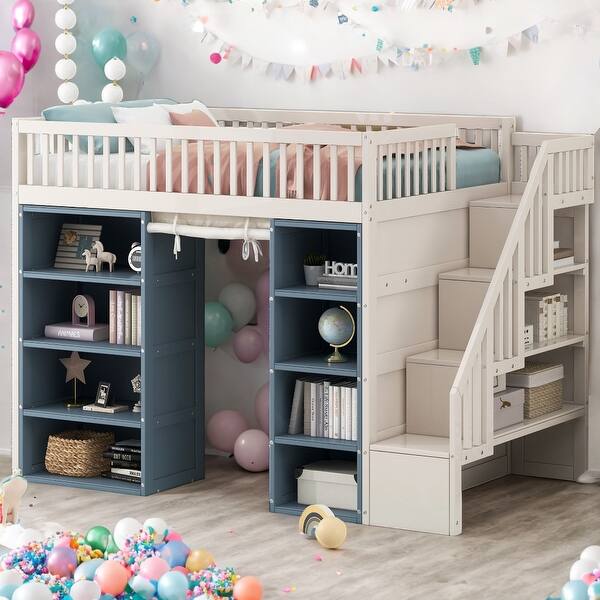 slide 2 of 12, White and Blue Full Size Loft Bed with 2 Four-Layer Storage Cabinets,Staircase and Blackout Curtain for Kids White+Blue