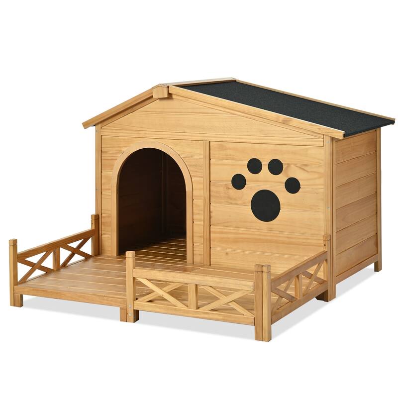 48" Wooden Dog House with Porch, Dog Kennel with Water-Resistant Asphalt Roof and Fencing, Dog Crate with Paw Print, Medium