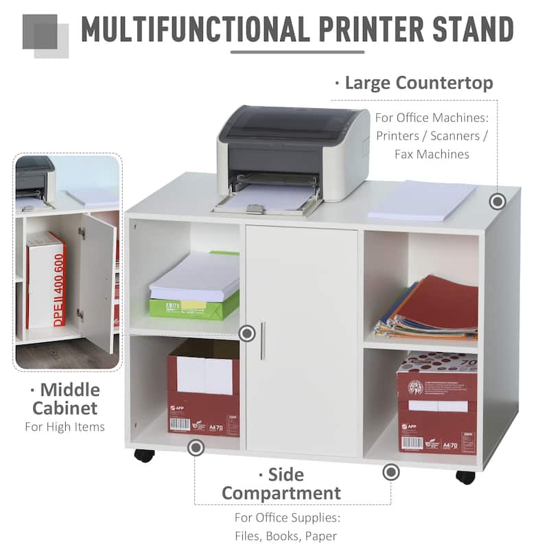 Vinsetto Printer Stand With 360 Degree Wheels, Multifunctional Office Cabinet, White