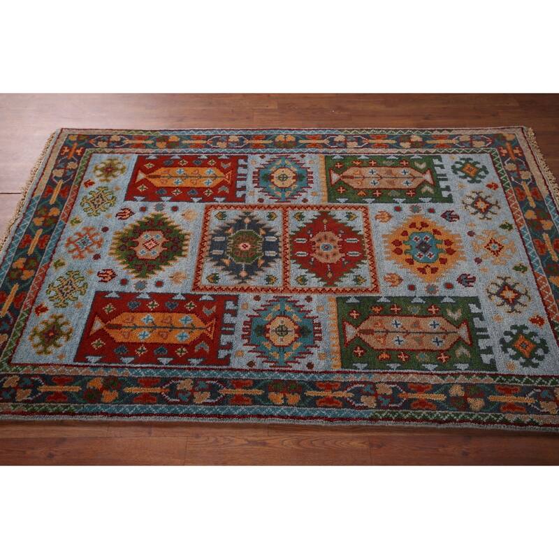 Blue Geometric Oushak Oriental Area Rug Hand-Knotted Wool Carpet - 3'11"x 5'11"