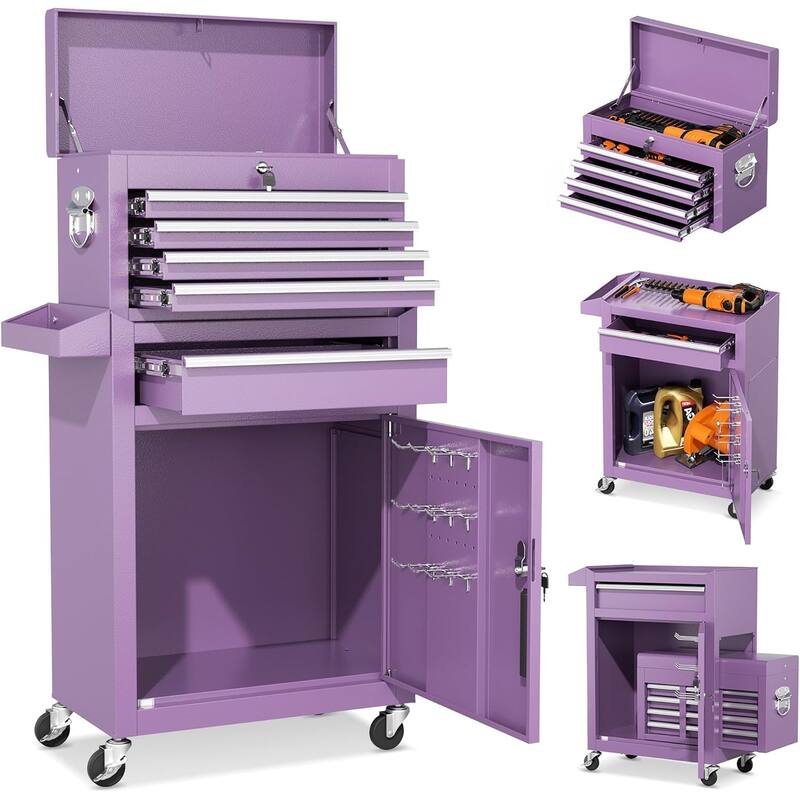 5 Drawer 2 in 1 Rolling Tool Chest Storage Box Garage Rolling Cabinet with Detachable Top Tool Box and Universal Lockable Wheels - Purple
