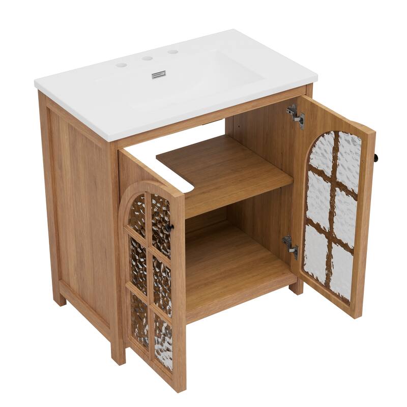 31" Farmhouse Bathroom Vanity with Ceramic Sink, Vintage Rustic Bathroom Cabinet with Bronze Pulls and 2 Soft-Closing Doors