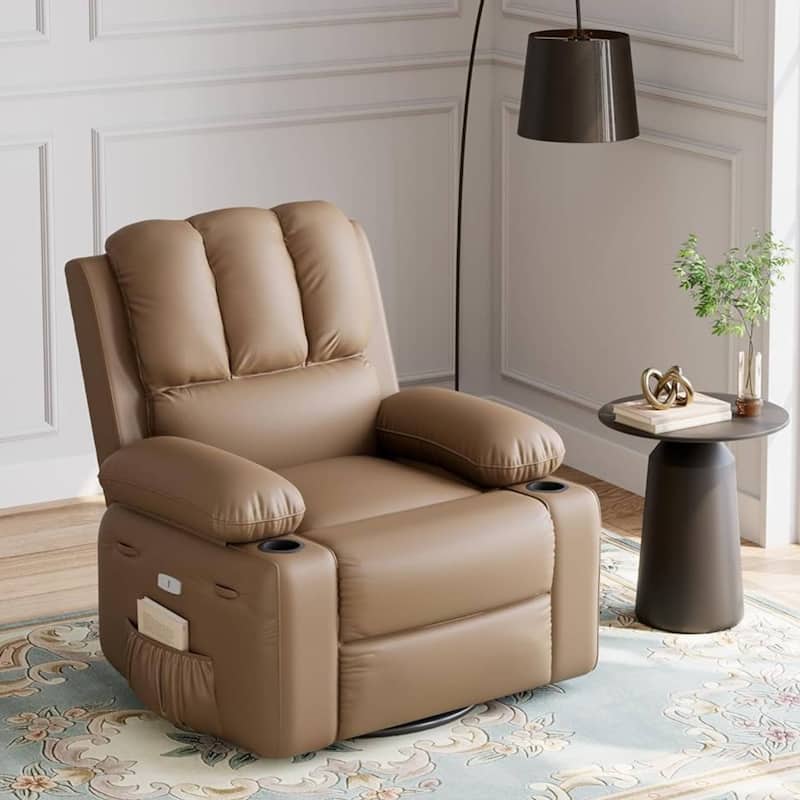22" Electric Swivel Recliner Chair, Rocking Sofa Chair with Massage - Khaki