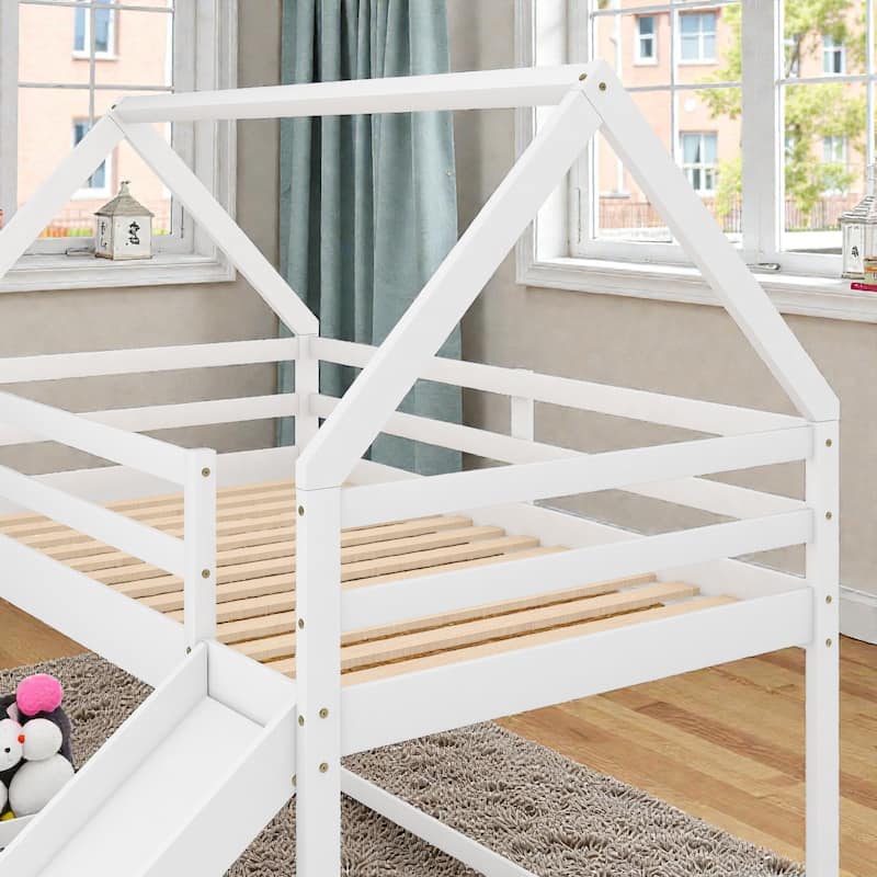 Twin House Bunk Bed with Slide and Ladder, Kids Wooden Bunk Bed Frame with Guardrails, Pine Wood and MDF