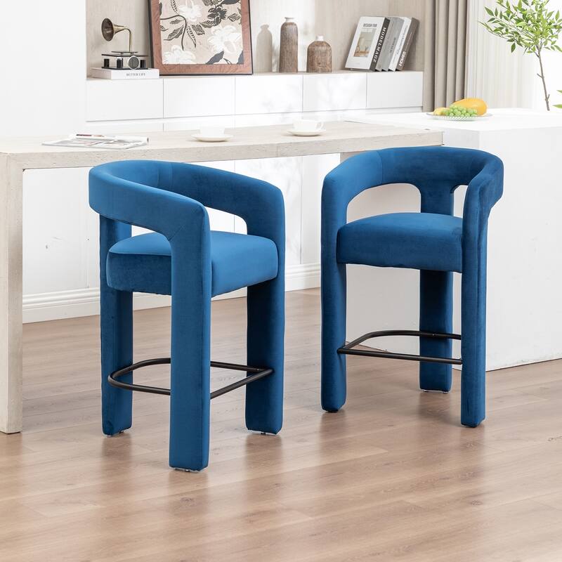 SEYNAR Modern Velvet 34.6''H Fixed Height Open-Back Bar Stool with Metal Footrest Set of 2