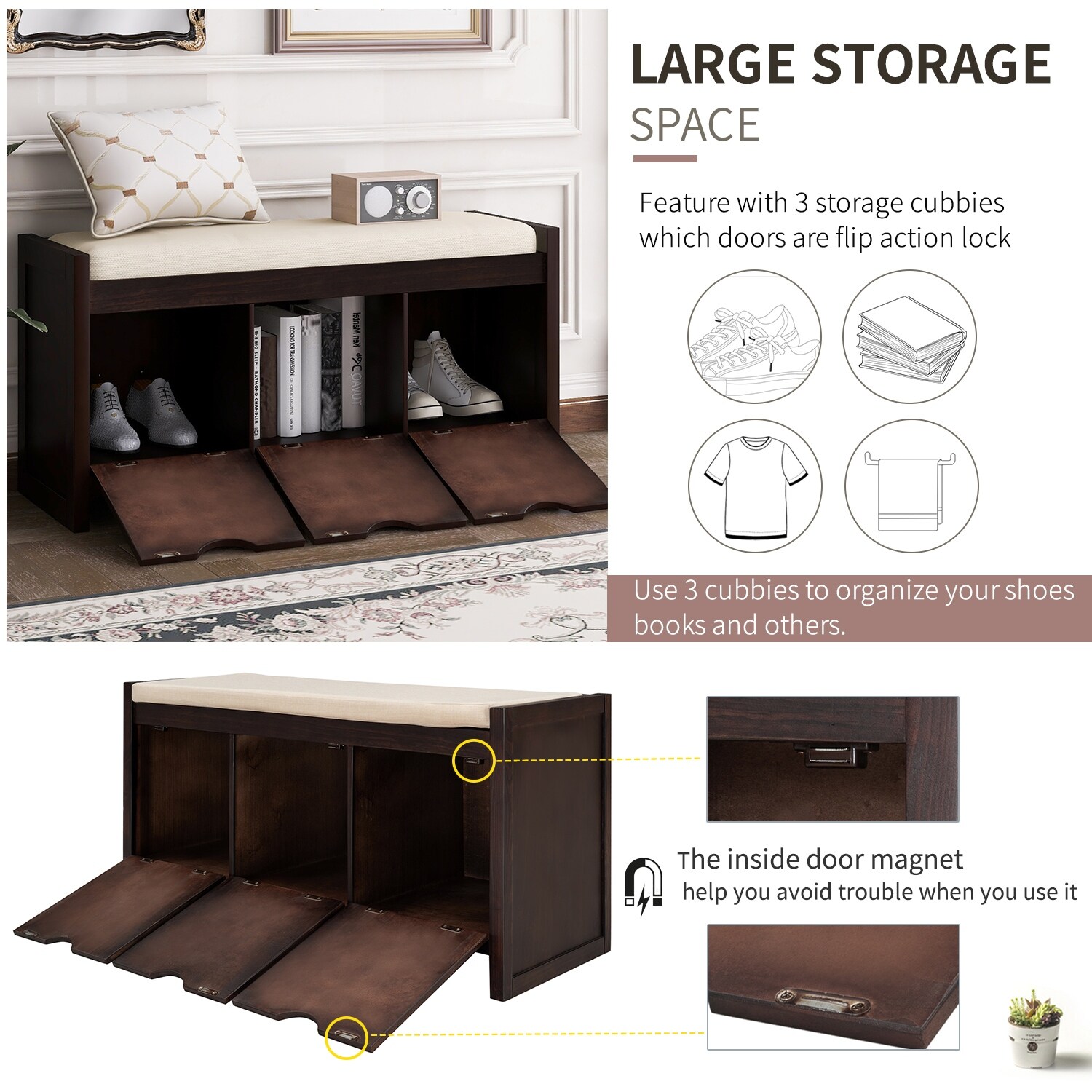 Wood Storage Bench and Flip Lock Storage Cubbies with Removable Cushion  Storage Benches for Bedroom Entryway, Espresso