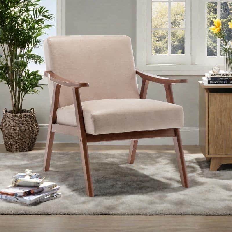 Fabric Mid-Century Accent Chair with Solid Wood Frame Wingback Chair (300lb Capacity) - Light Camel