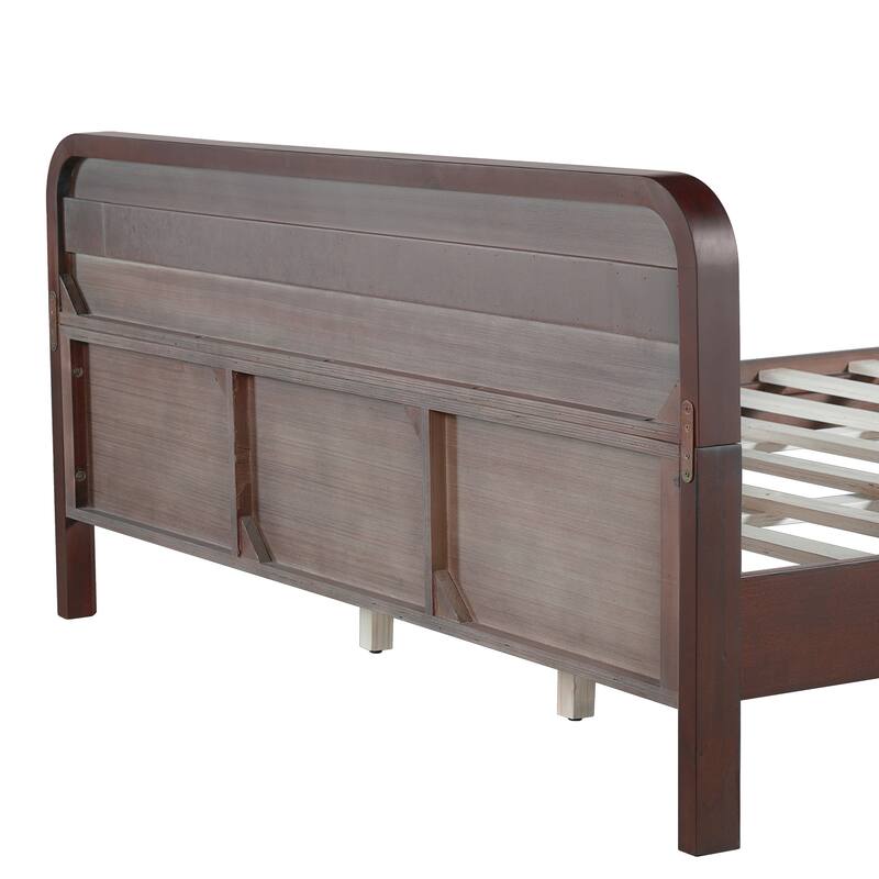 Rustic Pine Wood Bed Frame Low-Profile Platform Bed with Panel Headboard Solid Wood Slat Support and Extra Wide Thickened Legs