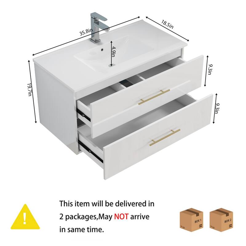 36-Inch Gloss Wall-Mounted Bathroom Vanity with Sink Combo,Double Drawers,Ceramic Sink, Long Gold Metal Handle