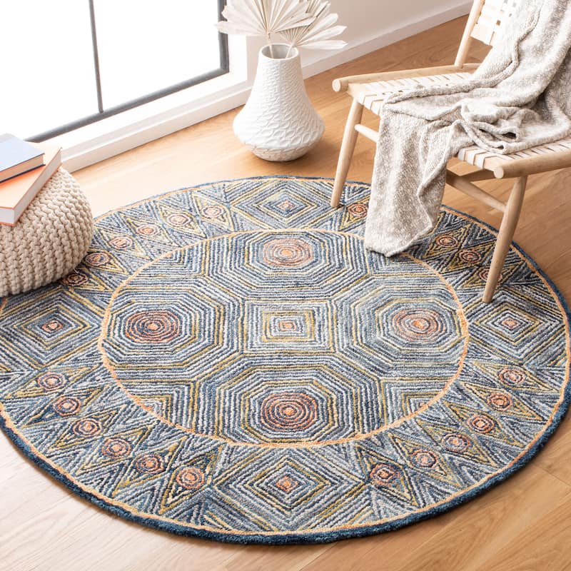 SAFAVIEH Handmade Micro-Loop Hiltrud Modern Wool Rug - 5' Round - Green/Blue