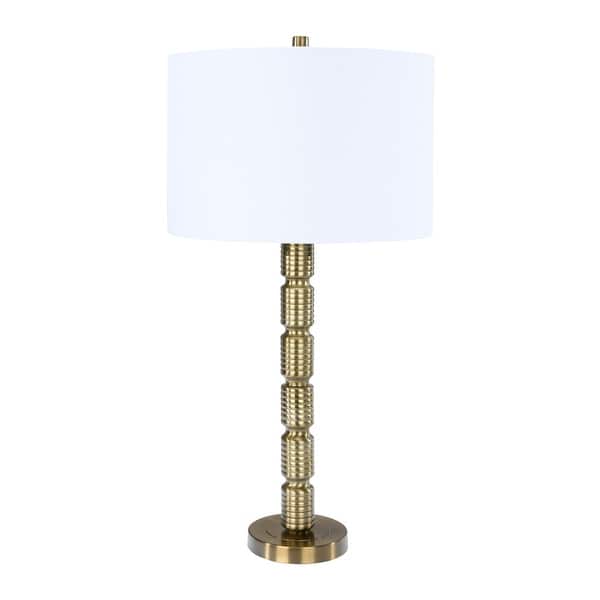 slide 2 of 29, Faceted Stacked Metal Table Lamp with Linen Shade Brushed Bronze