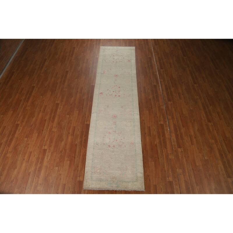 Hand Knotted Oriental 100% Wool Carpet Transitional All-Over Beige & Ivories Oushak Runner Rug - 11' 9'' X 3' 0''
