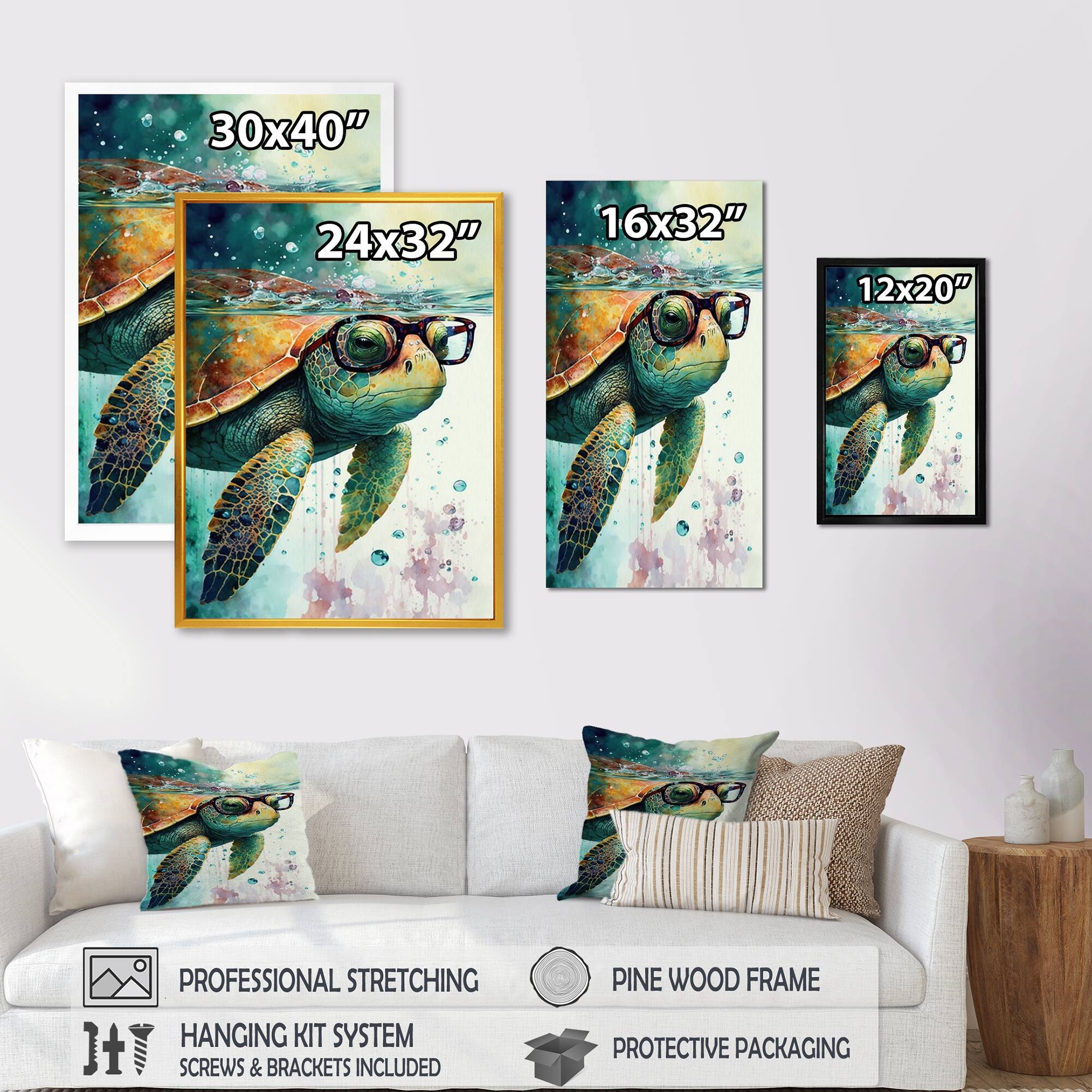 Designart 'Turtle With Glasses In The Ocean II' Animals Canvas Wall Art ...