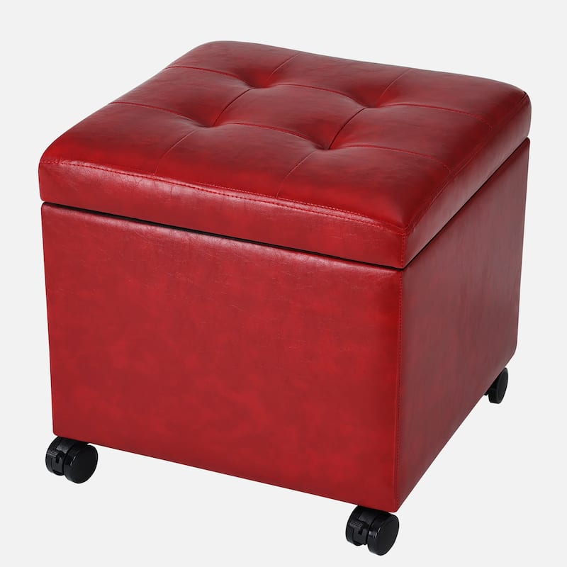 Adeco Bonded Leather Storage Ottoman Square Tufted Cube Footstool