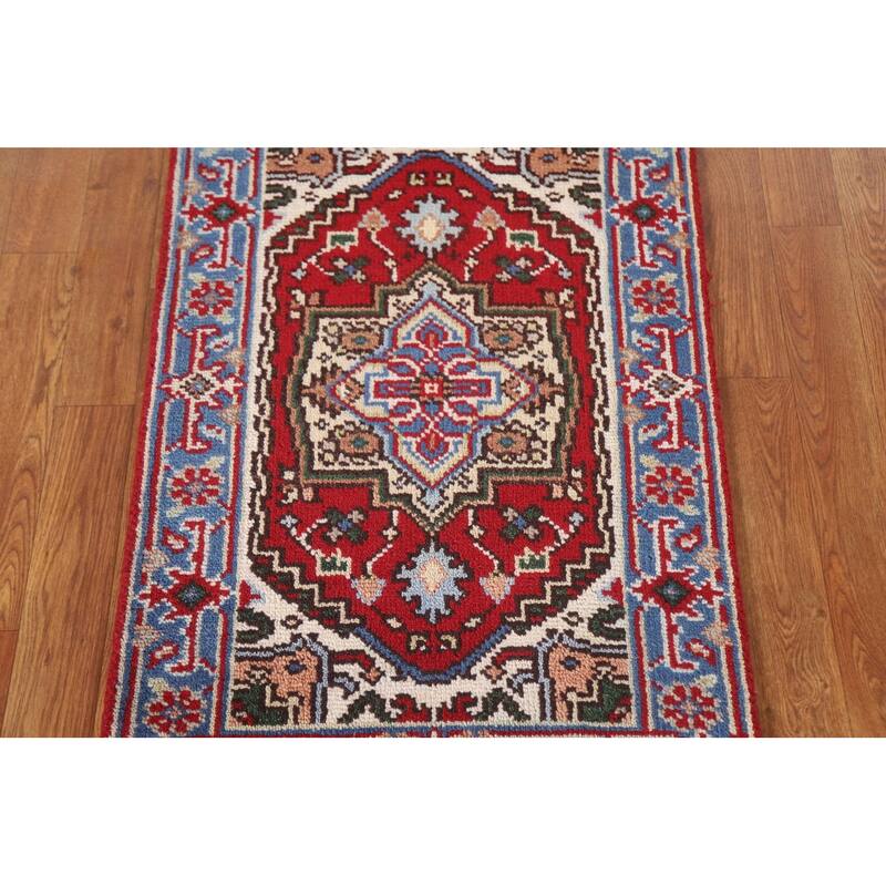 Red Geometric Heriz Serapi Indian Foyer Rug Hand-knotted Wool Carpet - 2'0"x 3'0"
