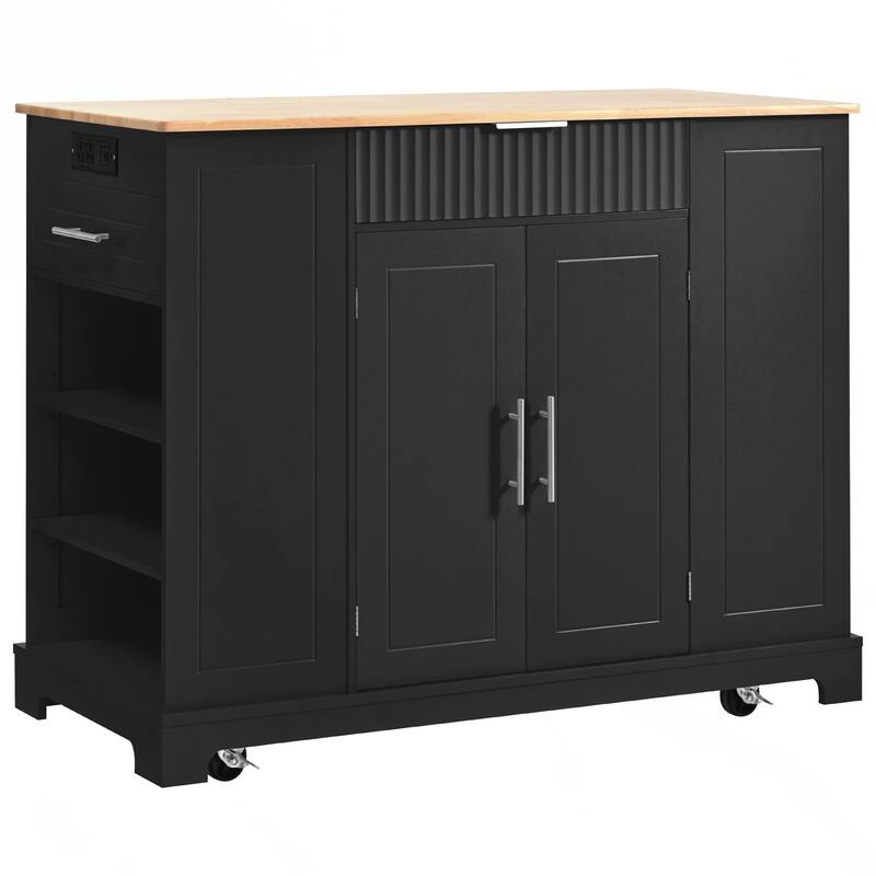 Kitchen Island with Trash Can Storage Cabinet, Power Outlet, Internal Storage Rack, Rolling Kitchen Islands on 5 Wheels