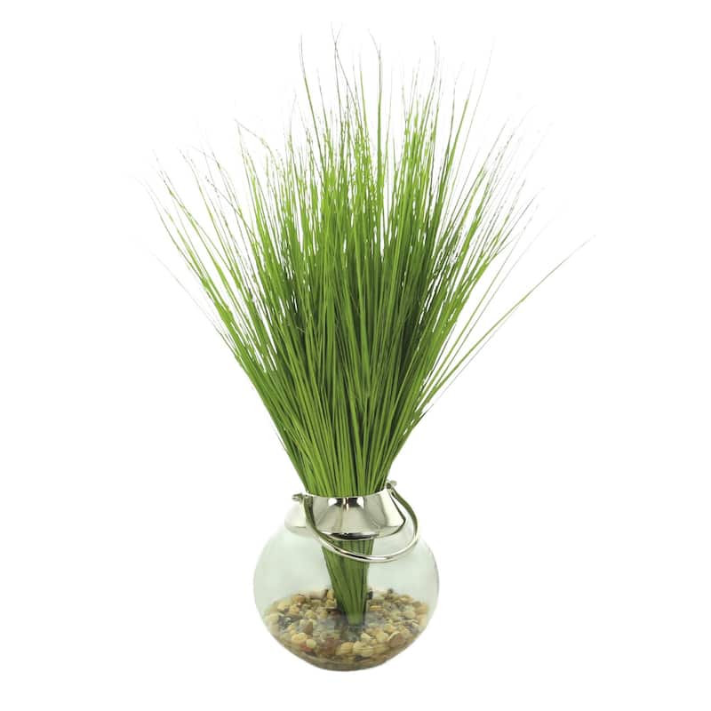 Organic Modern Green Grass in Round Glass Vase with Rocks and Acrylic Water