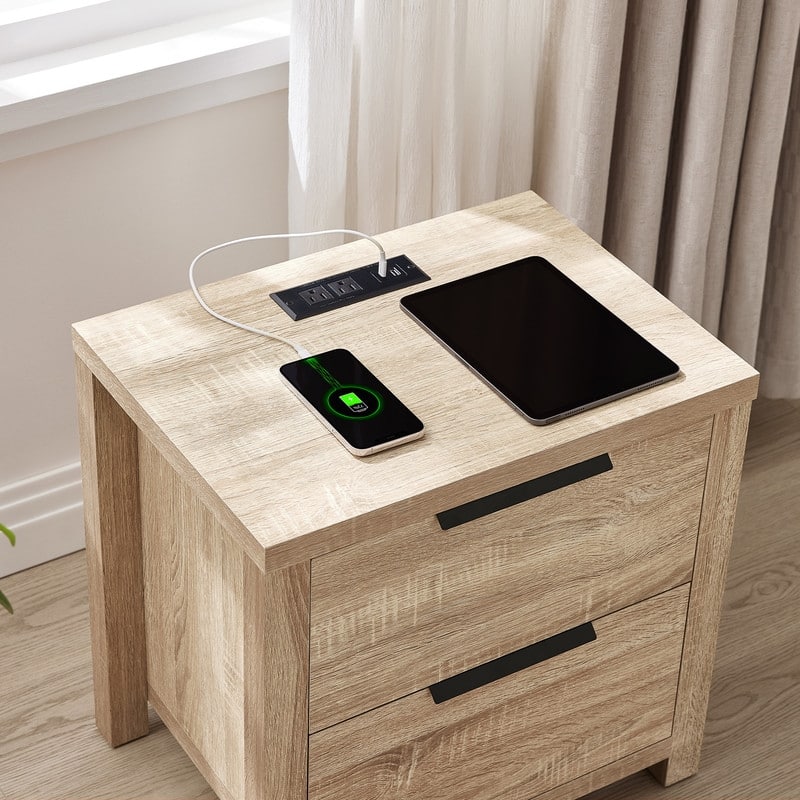 Spruce & Spring Scout Farmhouse Solid Wood Nightstand with 2 Drawers and Type-C, USB & 2 Power Outlets