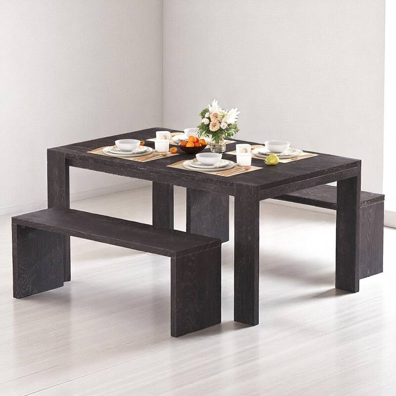 Rectangular 3-Piece Dining Set with Benches, Farmhouse Kitchen Table Set for 6, MDF & Rubber Wood - Espresso
