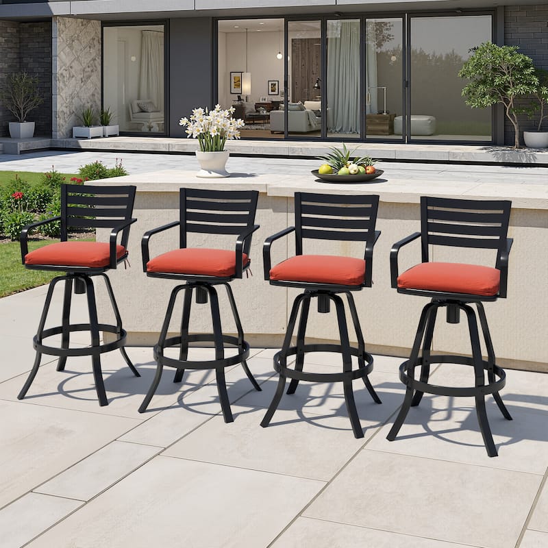 Crestlive Outdoor Cast Aluminum Swivel Bar Stool with Sunbrella Cushion - 18.5" W x 18.5" D x 45.67" H - Red, Set of 4