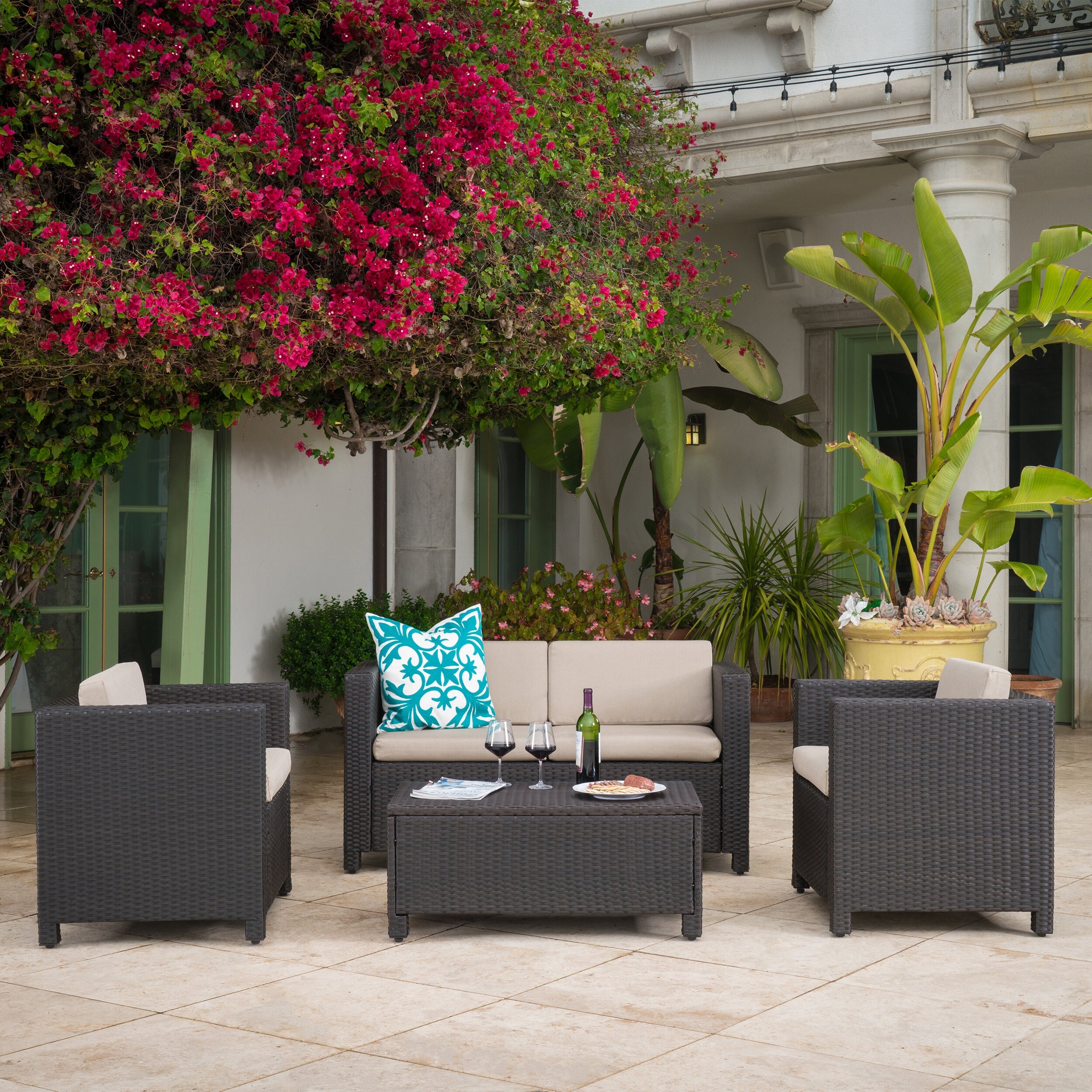 Christopher Knight Home 216283 Montague Outdoor 4-Piece Brown Wicker Sofa Set Beige Christopher Knight Home 216283 Montague Outdoor 4-Piece Brown Wicker Sofa Set Beige