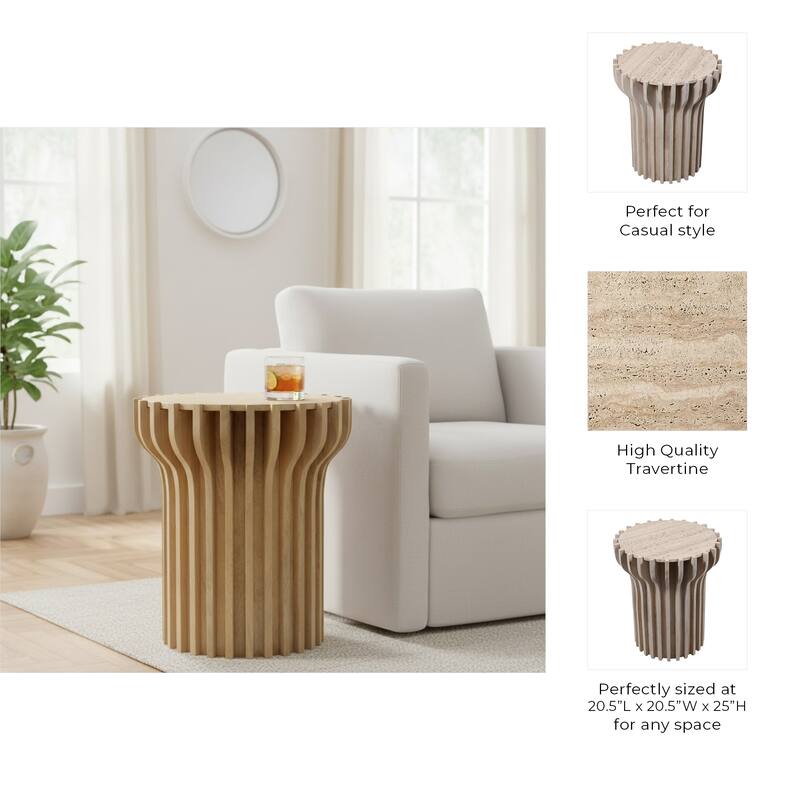 Decorative Travertine Accent Table with Wodden Carved Base- 25", White