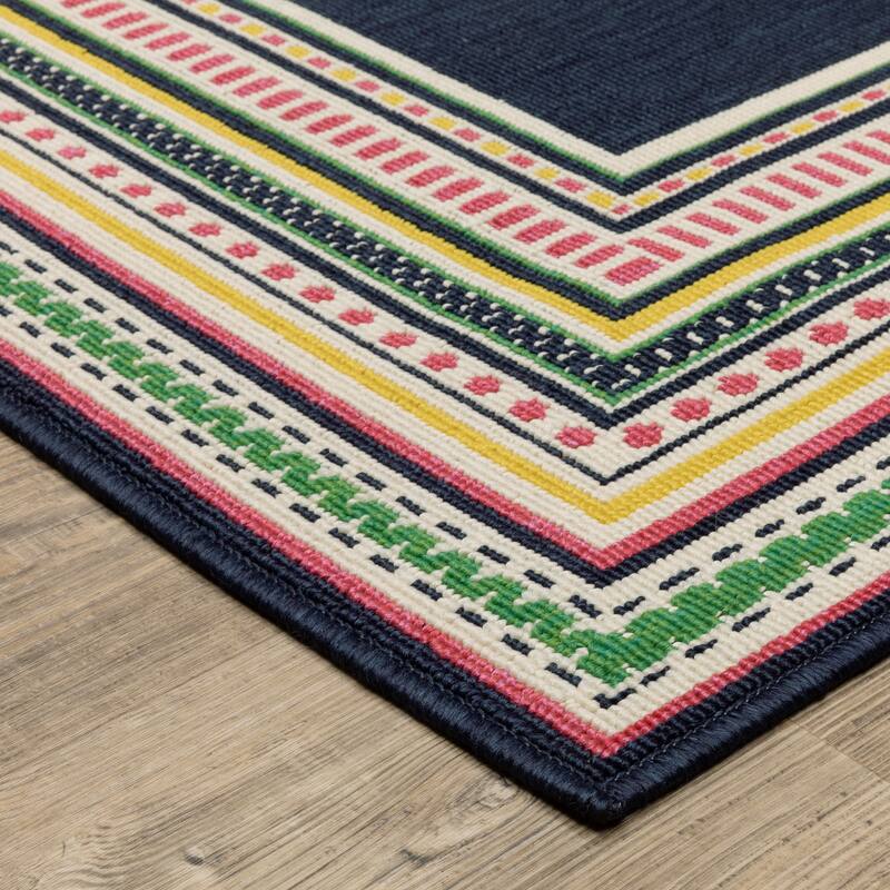 Harlowe Multi-Stripe Border Navy/ Multi Area Rug