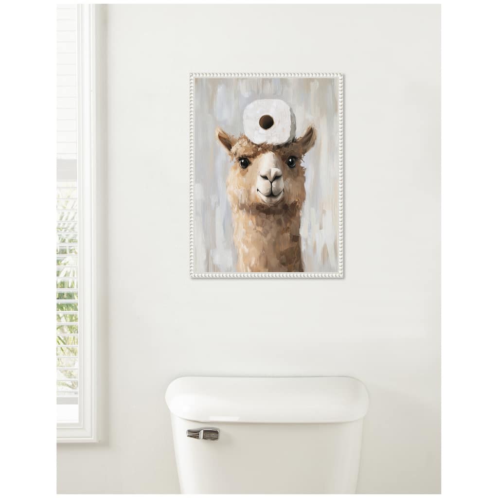 Kate and Laurel Sylvie Toilet Paper Roll on Cute Animal Head Bathroom Art Framed Canvas by The Creative Bunch Studio
