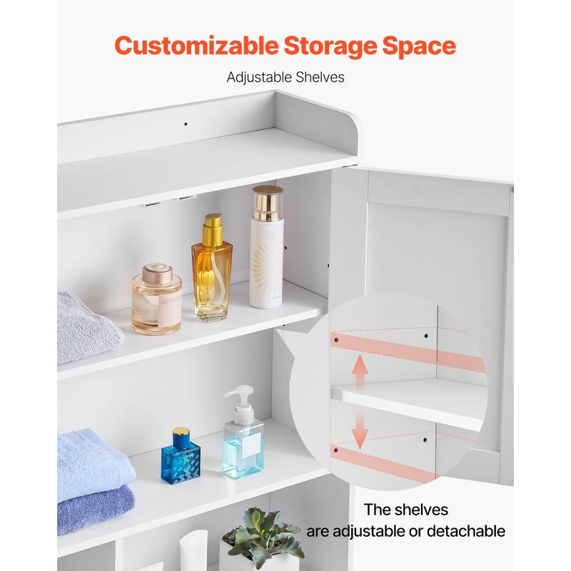 White Particle Board MDF Over Toilet Storage Cabinet with 4-Tier Adjustable Shelves and Anti-Tip - 30.91 x 7.68 x 66.14 in