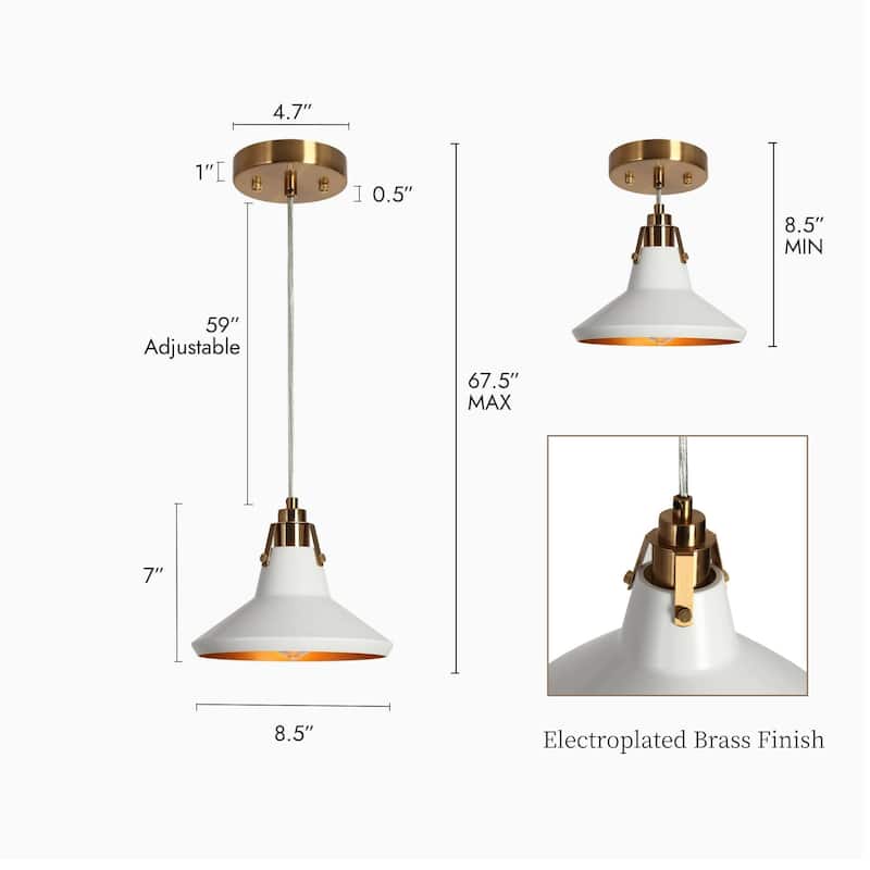 1-Light Modern Elegant White Gold Metal Kitchen Island Light Height-Adjustable Pendant Light for Dining Room - D8.7" x H7.1"