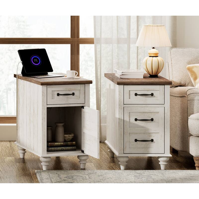 Nightstand End Table With Charging Station for Living Room Bedroom - Antique White - 2-drawer