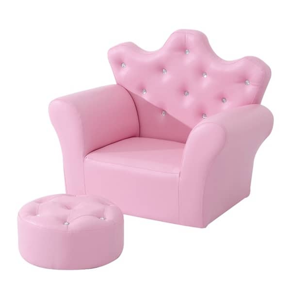 slide 2 of 6, Crown-shaped Backrest Kids Sofa with Footstool Pink
