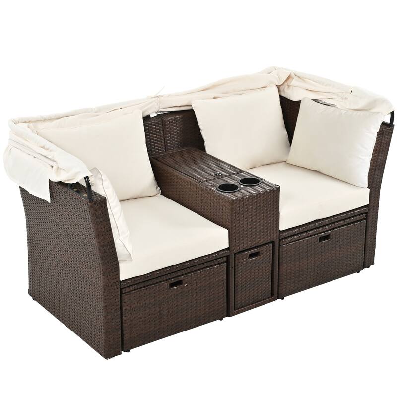 Convertible Outdoor Patio Daybed Loveseat Sofa Set with Retractable Canopy and Central Console